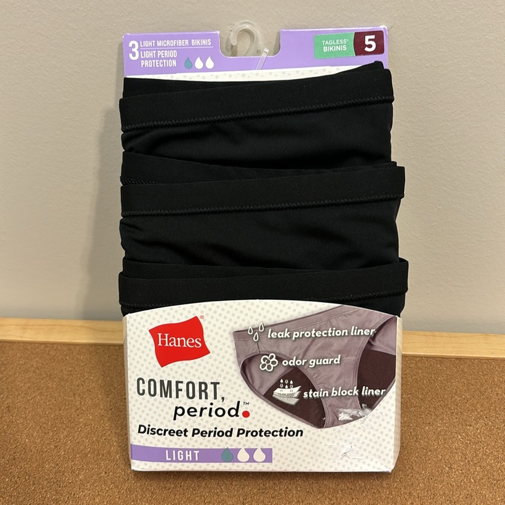 HANES Comfort Period Light Protection Black Bikini SZ 5 NEW 3 Pack